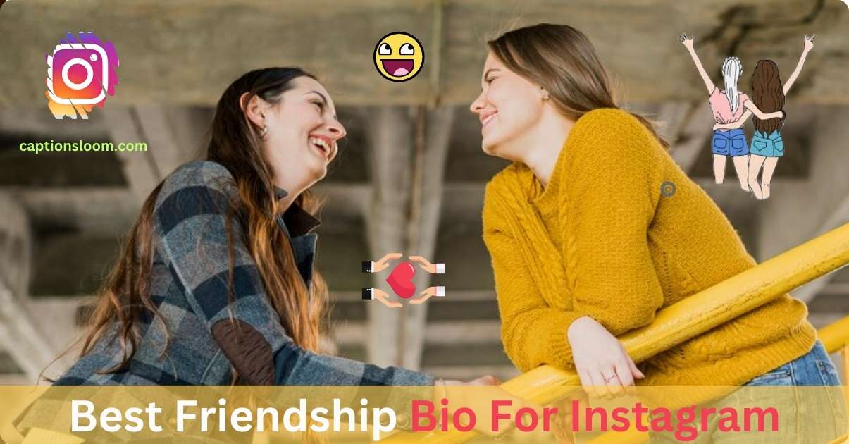 Two people leaning on a railing, with icons and text suggesting Instagram friendship bios.