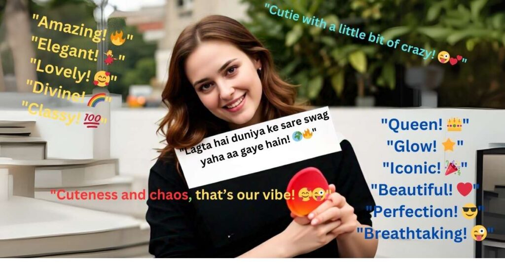 A woman smiles, holding a red object, surrounded by positive exclamations like "Amazing!" and "Queen!" A fun, lively, and energetic vibe.