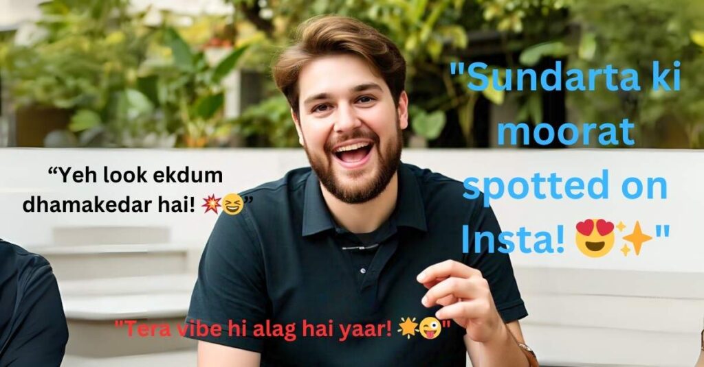 A bearded person smiles broadly in an outdoor setting with lush greenery. Text overlays in Hindi praise their appearance enthusiastically. funny comments on friends pic on instagram