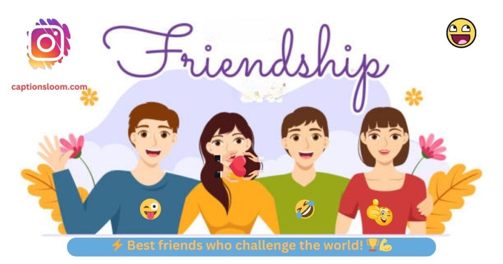 Colorful illustration of a group of friends standing together with emojis and "Friendship" text.