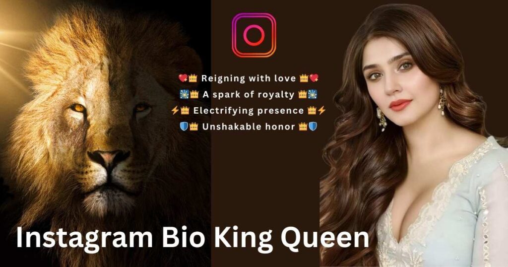 Split image with a lion's face on the left, symbolizing strength, and a woman on the right, symbolizing elegance. Keywords suggest royalty and honor.
