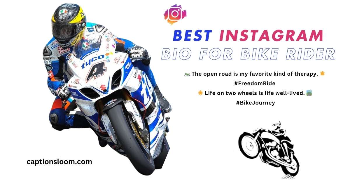 Motorcyclist leaning into a turn on a blue and white bike, wearing a racing suit. Text: "Best Instagram Bio for Bike Rider" with hashtags about biking.