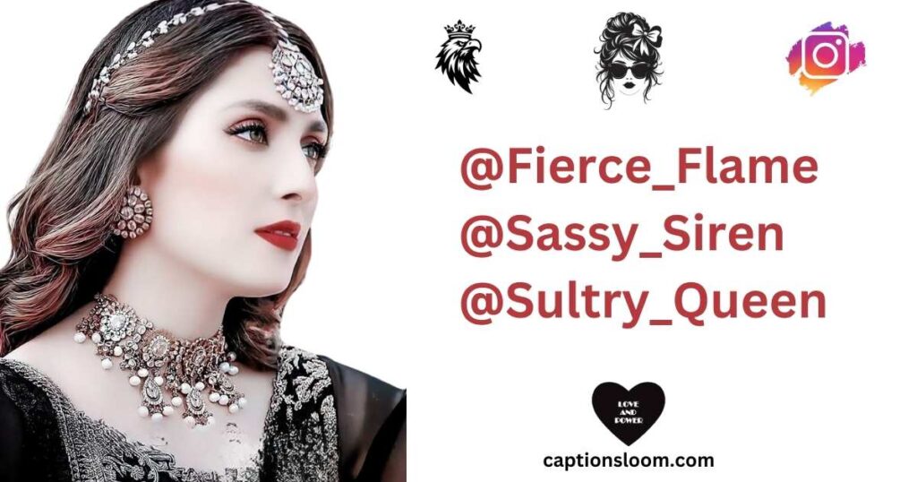 A woman adorned in ornate jewelry gazes to the right. Her expression is elegant and poised. To the right are social media handles in bold text.