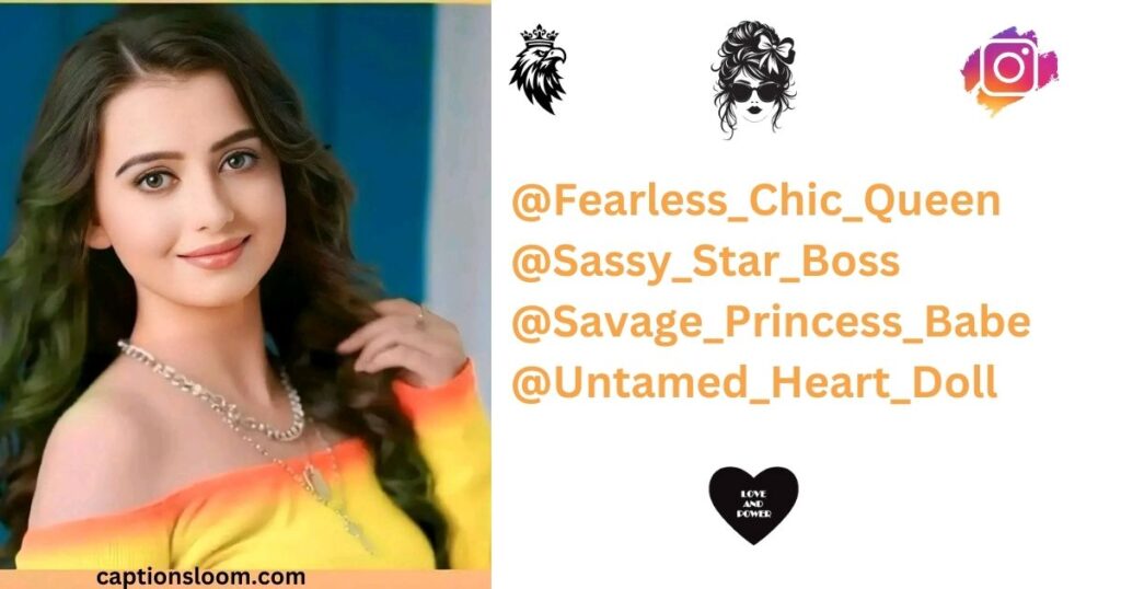 Portrait of a smiling woman with wavy hair, wearing a yellow and orange top. On the right, stylish graphics and words like "@Fearless_Chic_Queen."