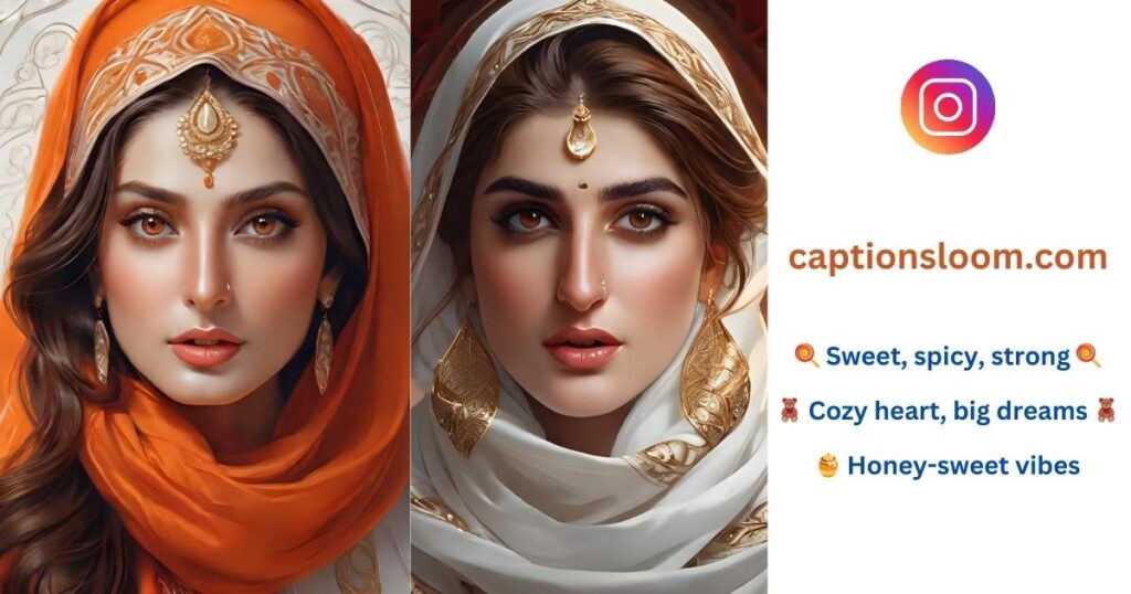 Digital art of two women wearing ornate headscarves; one in vibrant orange with gold jewelry, the other in white with gold accents. Both have rich, expressive eyes. The right side features colorful Instagram and website text, expressing positive vibes.
impressive instagram bio for girls
