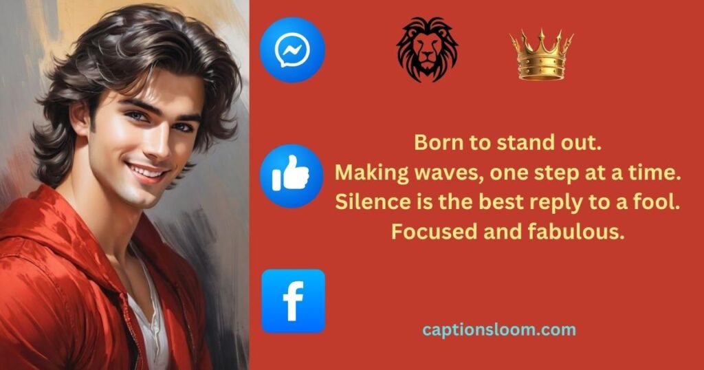 Smiling person in a red jacket on the left, with text on the right: "Born to stand out. Making waves..." Lion, crown, and social media icons featured.
facebook bio for boys