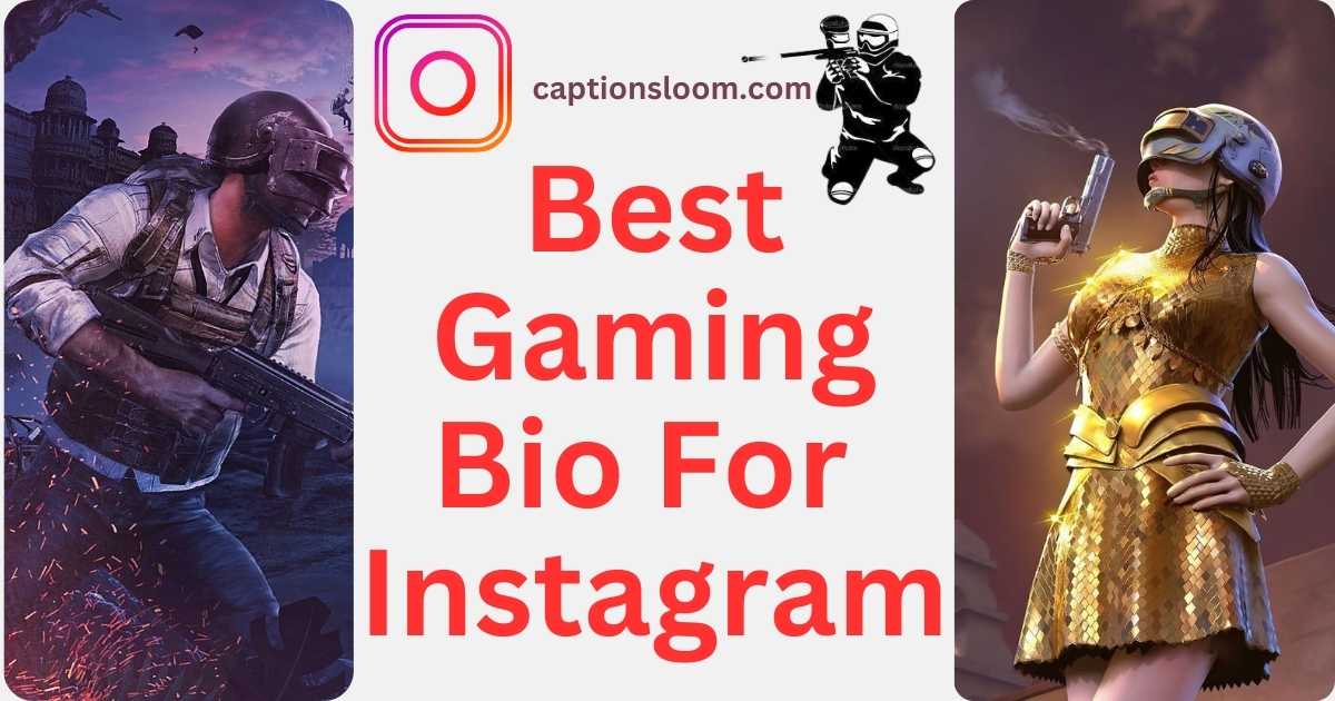 Two gaming characters flank the text, "Best Gaming Bio For Instagram," with a website link. The left character is armed in tactical gear at dusk; the right, a female in golden armor, holds a smoking gun confidently.