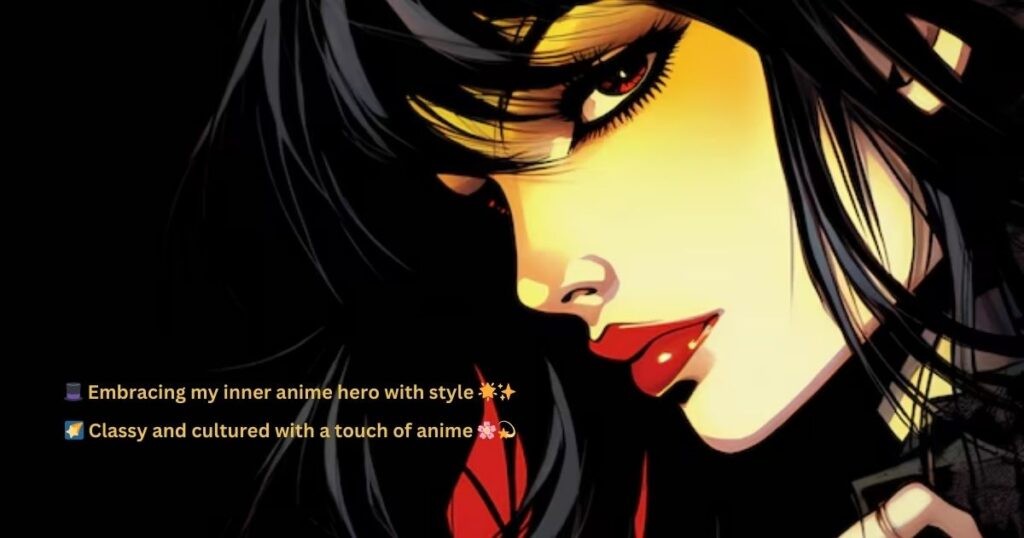 Close-up of an anime character with long black hair and red lips against a black background. Text below reads: "Embracing my inner anime hero with style ✨" and "Classy and cultured with a touch of anime 🌸." The tone is bold and stylish.