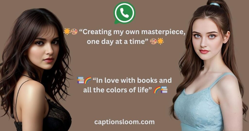 Two women in elegant attire; one with dark hair in black lace, another with light hair in a blue top. Quotes: "Creating my own masterpiece" and "In love with books." Mood: Inspirational.