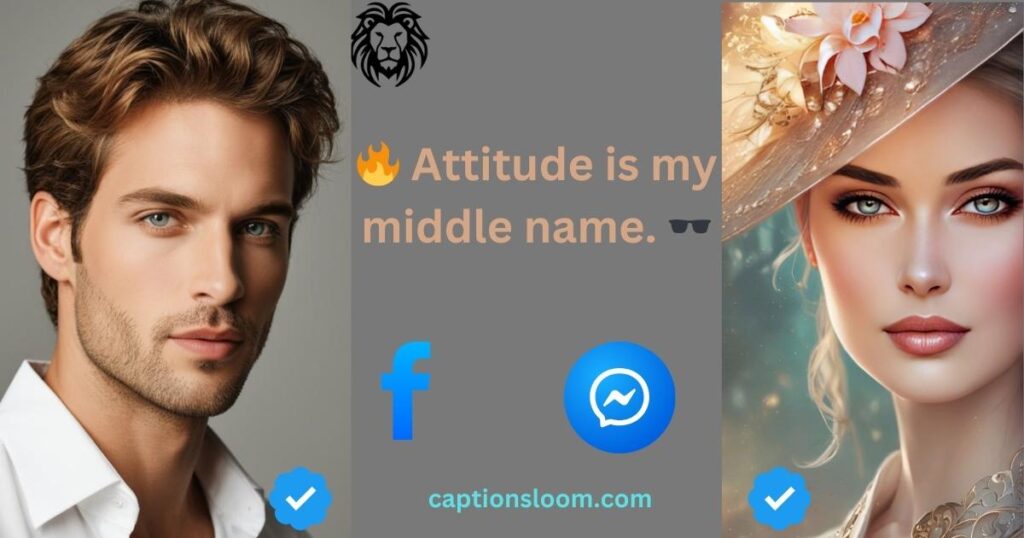 Split image featuring a confident man in a white shirt on the left and an elegant woman in a decorative hat on the right. Between them, text reads "Attitude is my middle name," accompanied by flame and sunglasses emojis. Social media icons and a lion symbol add modern and bold elements to the composition.
facebook bio for boys