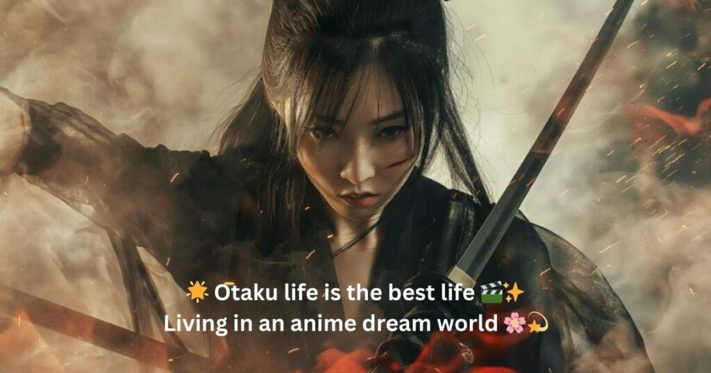A focused woman with a sword, surrounded by smoke and sparks, conveys intensity. Text reads, "Otaku life is the best life; Living in an anime dream world." Emojis included.