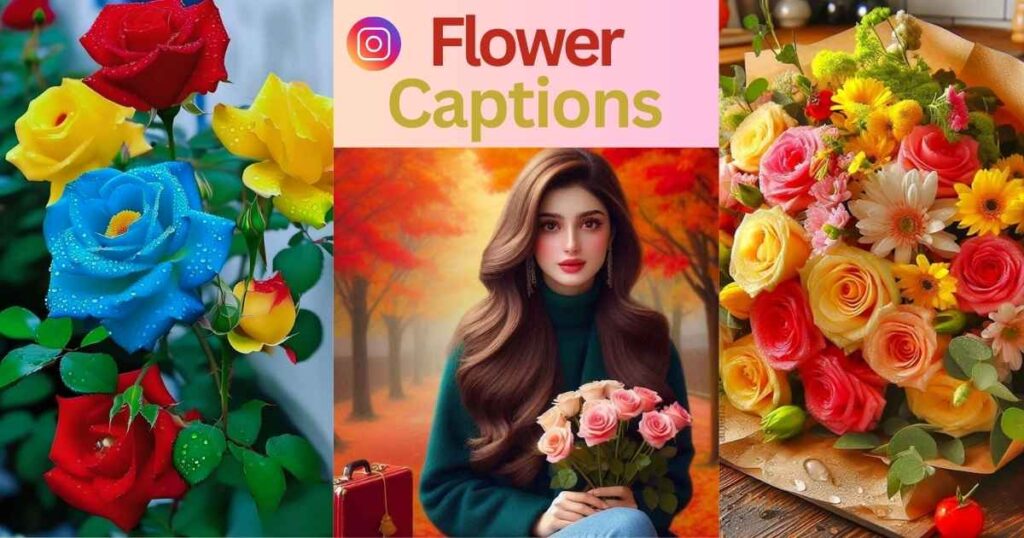 A vibrant collage with colorful roses on the left, a woman holding a bouquet centered in an autumn scene, and a flower bouquet on the right. Text reads "Flower Captions."
one word flower captions for instagram