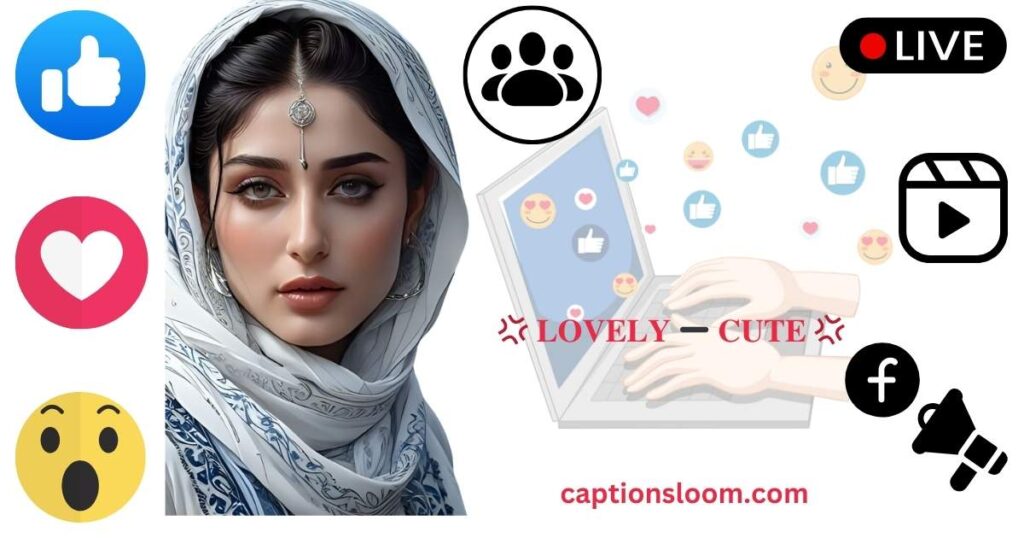 A woman in a patterned headscarf looks forward, surrounded by social media icons like thumbs up, heart, and shocked face. Emojis float from a laptop. Tone is social media engagement.