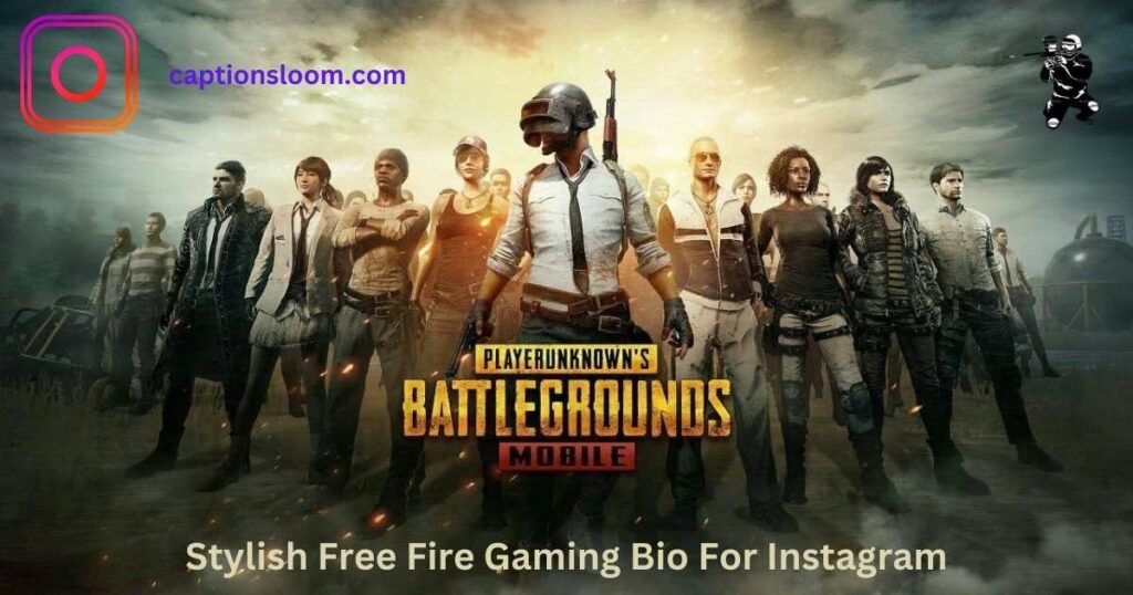 Group of diverse characters in PUBG Mobile attire stands confidently under a dramatic sky. "PlayerUnknown’s Battlegrounds Mobile" logo centered. Energetic tone.
gaming bio