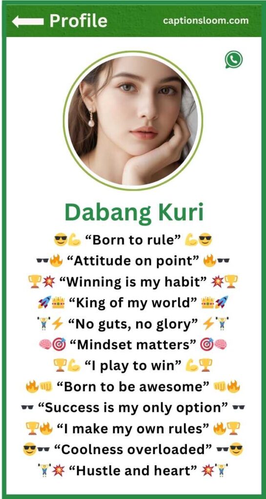 A profile picture of a person with motivational quotes like "Born to rule" and "Winning is my habit." The design is colorful and empowering.