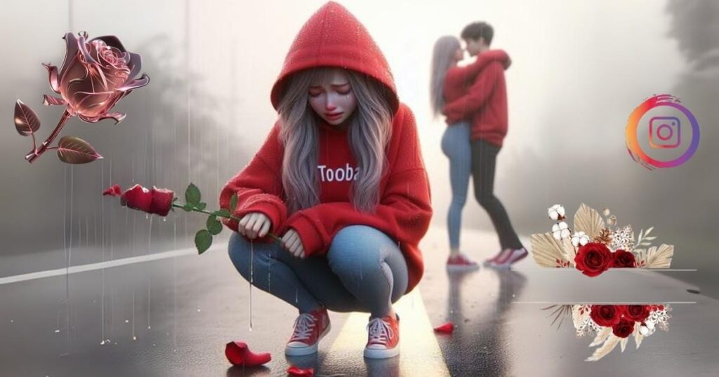 A sad, hooded girl kneels on a rainy road holding a broken rose. A couple embraces in the background. The scene conveys heartbreak and melancholy.
breakup bio for instagram for boy