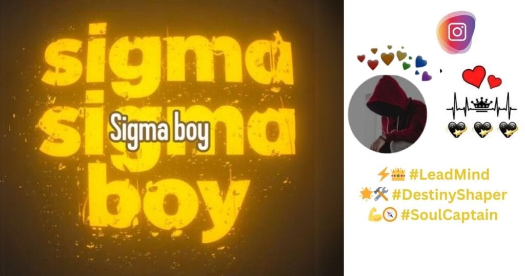 Bold yellow text reads "Sigma boy" on a textured background. Right side features a hooded figure, colorful hearts, and motivational hashtags. Emojis convey empowerment and creativity.
sigma boy bio for instagram