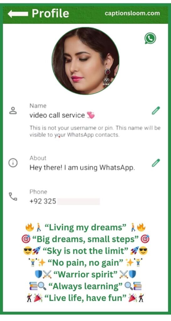 Profile image with a woman, labeled "video call service." Editable fields for name, status, and phone are shown. Motivational quotes below infuse a positive tone.