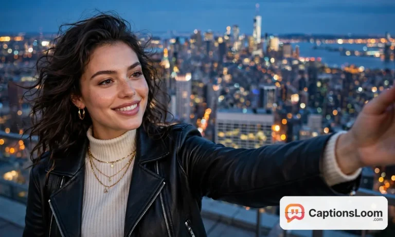 baddie captions for instagram, confident young woman in a stylish outfit posing for a selfie with city lights behind her