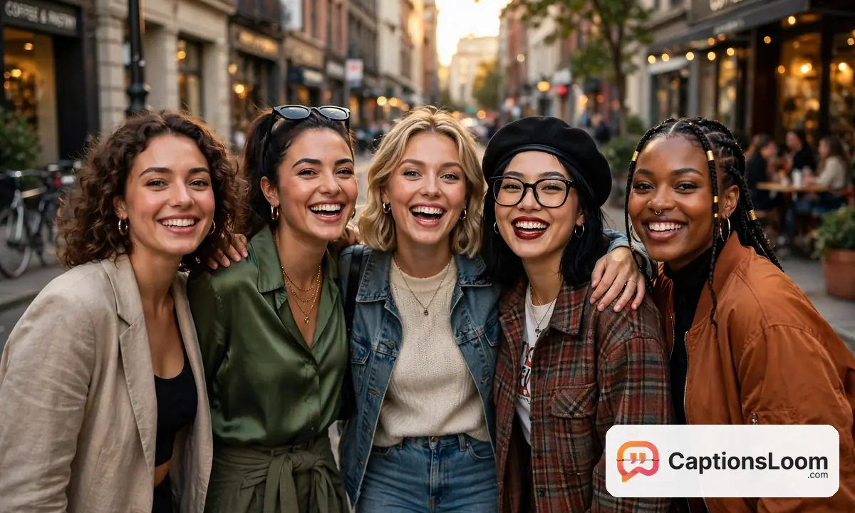 baddie captions for instagram friends, group of stylish friends posing together for a photo at golden hour