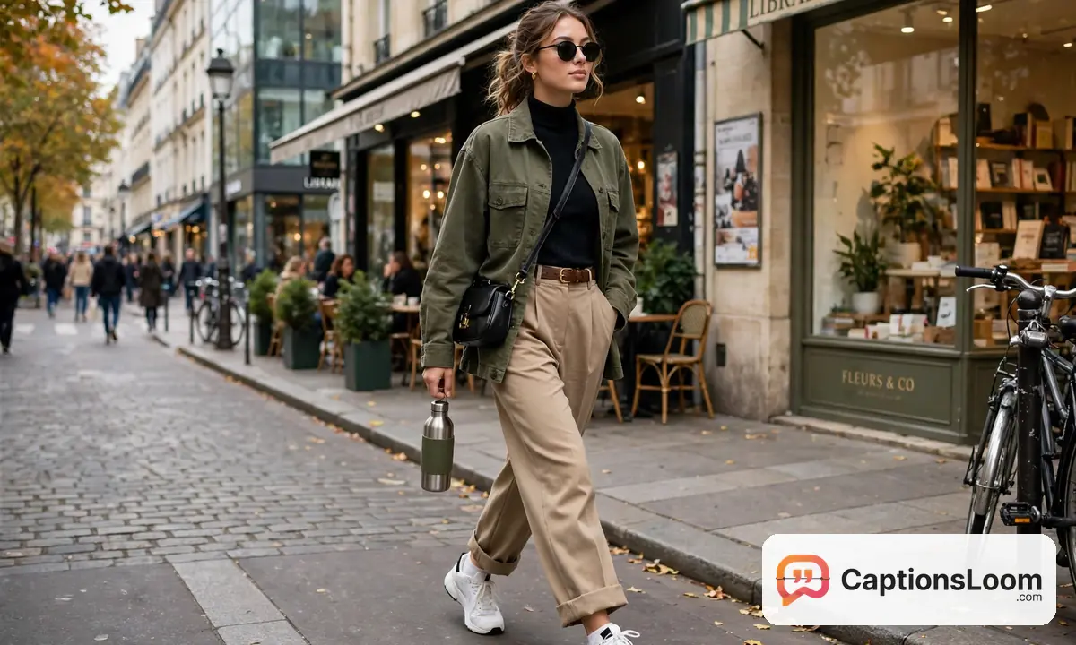baddie captions for instagram outfit, fashionable street style outfit photo with sneakers and sunglasses