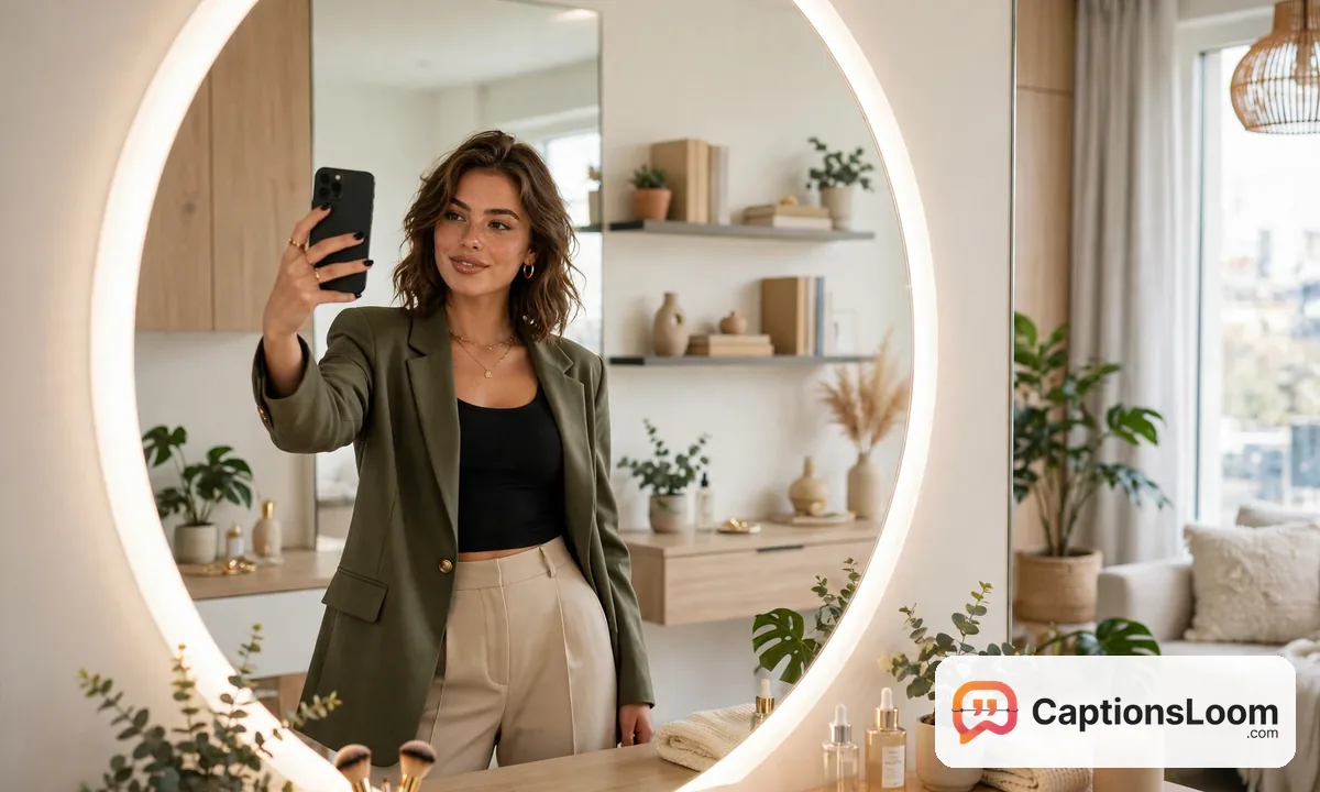 baddie captions for instagram selfie, young woman taking a mirror selfie in a chic outfit with confident pose