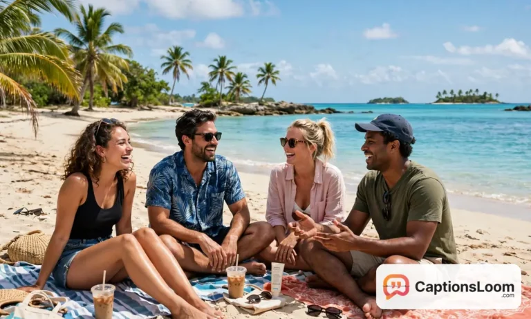 beach captions for instagram, friends enjoying a sunny beach day with turquoise water and palm trees