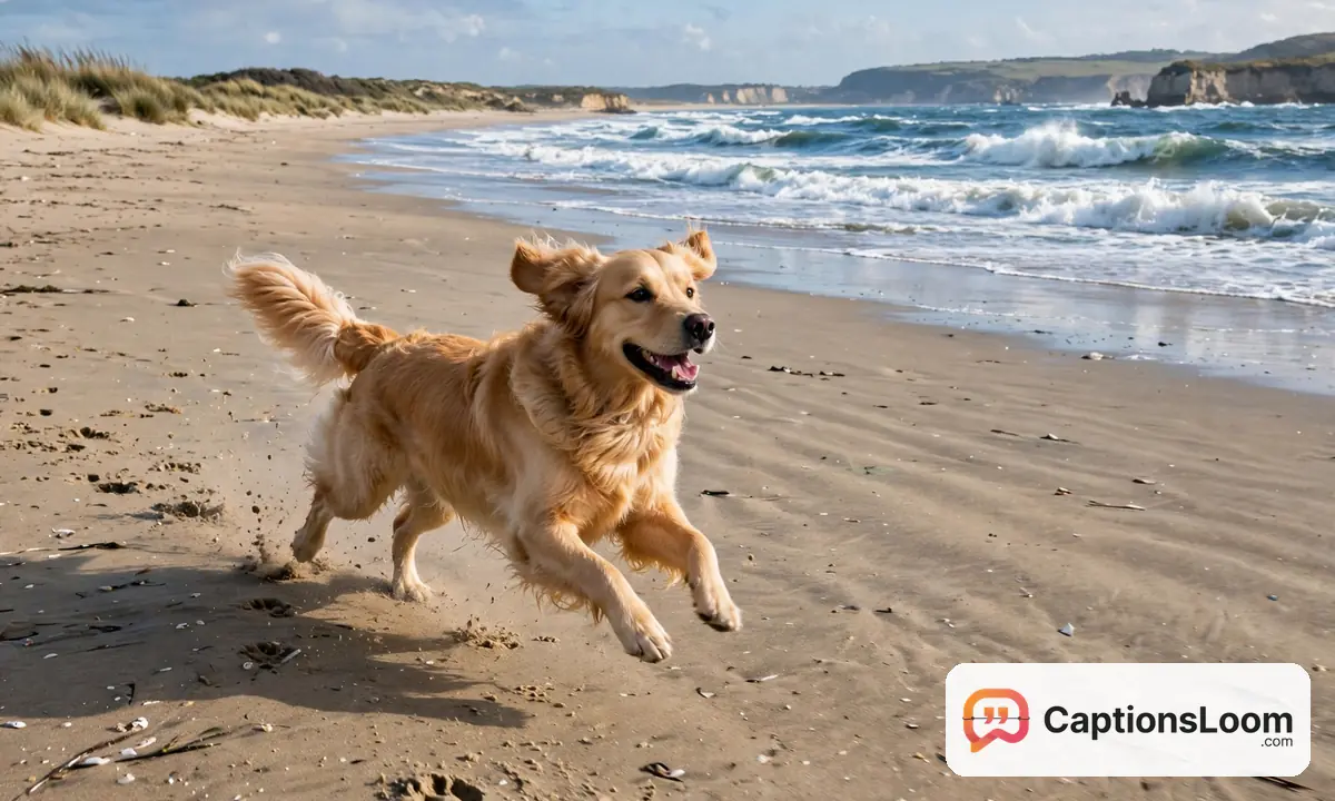 beach captions for instagram dog, happy dog running on the sand at the beach