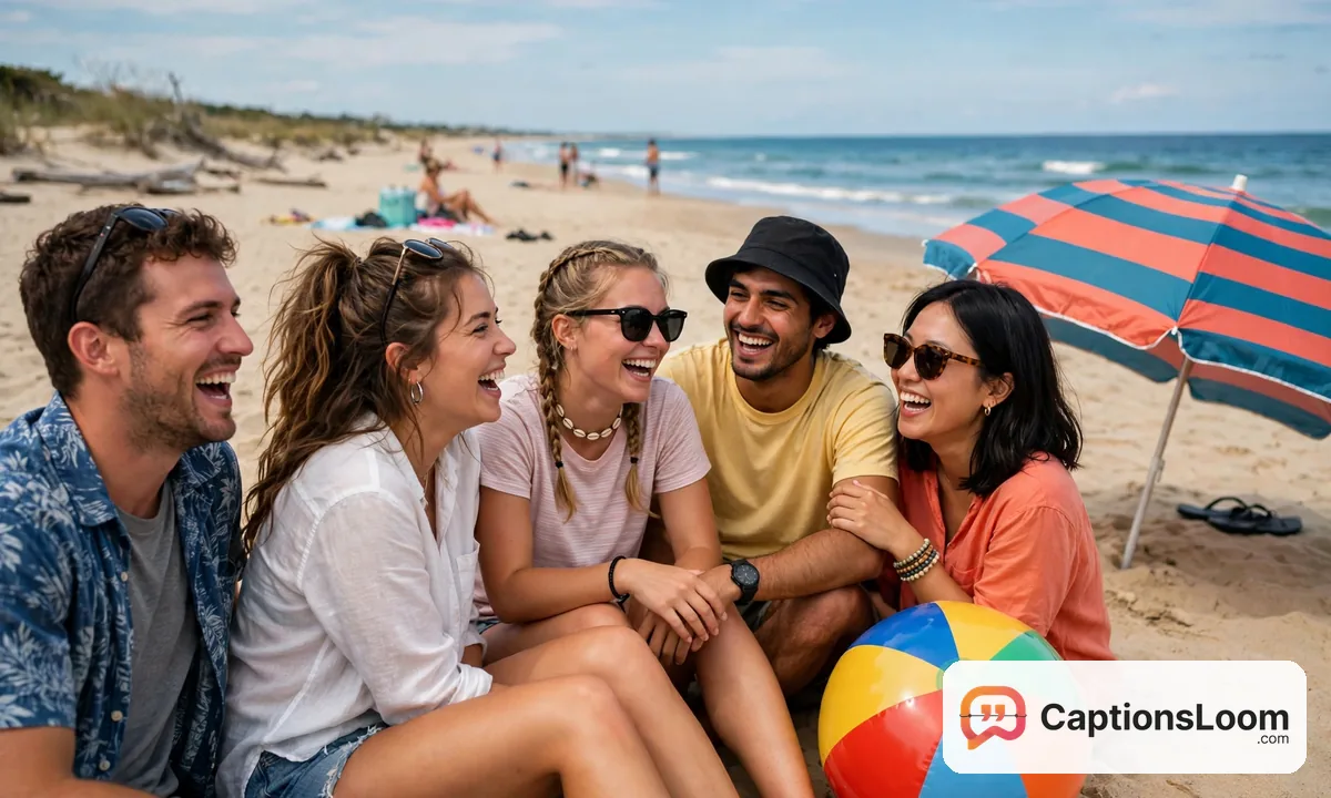 beach captions for instagram friends, group of friends laughing on the beach with a beach ball and umbrella
