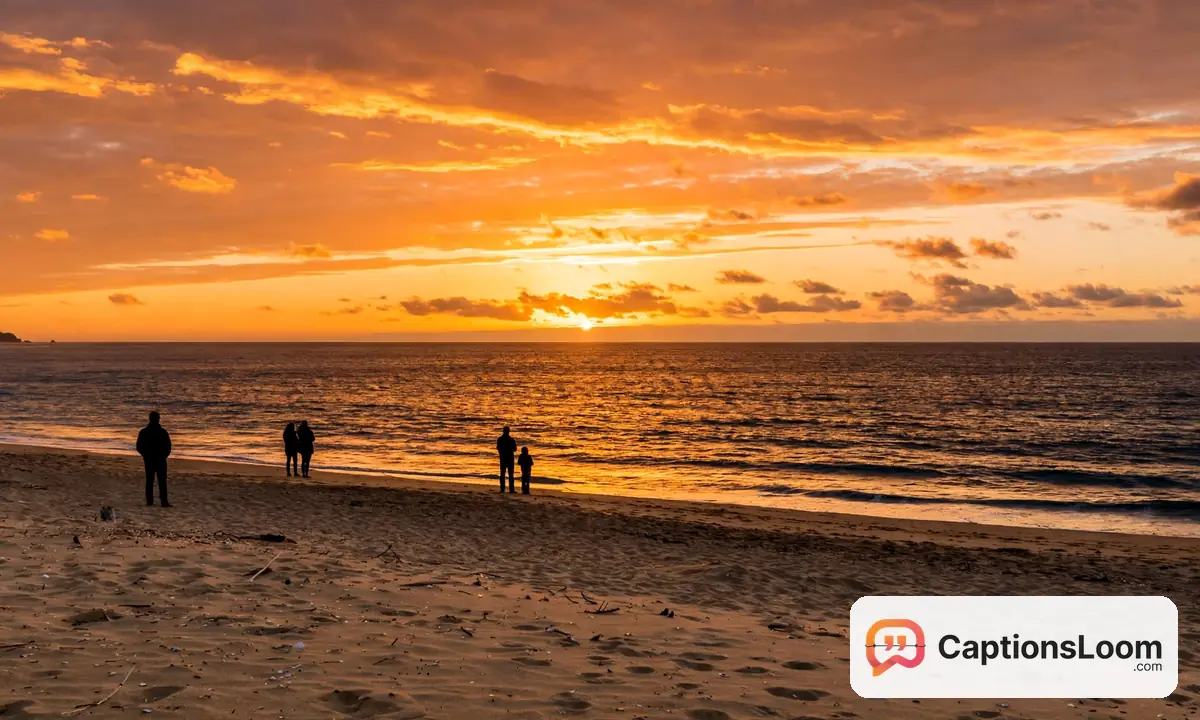 beach captions for instagram sunset, golden sunset over the ocean with silhouettes on the sand
