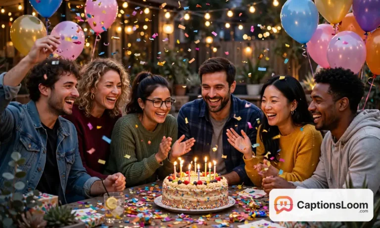 birthday captions for instagram, happy friends celebrating around a birthday cake with balloons and confetti
