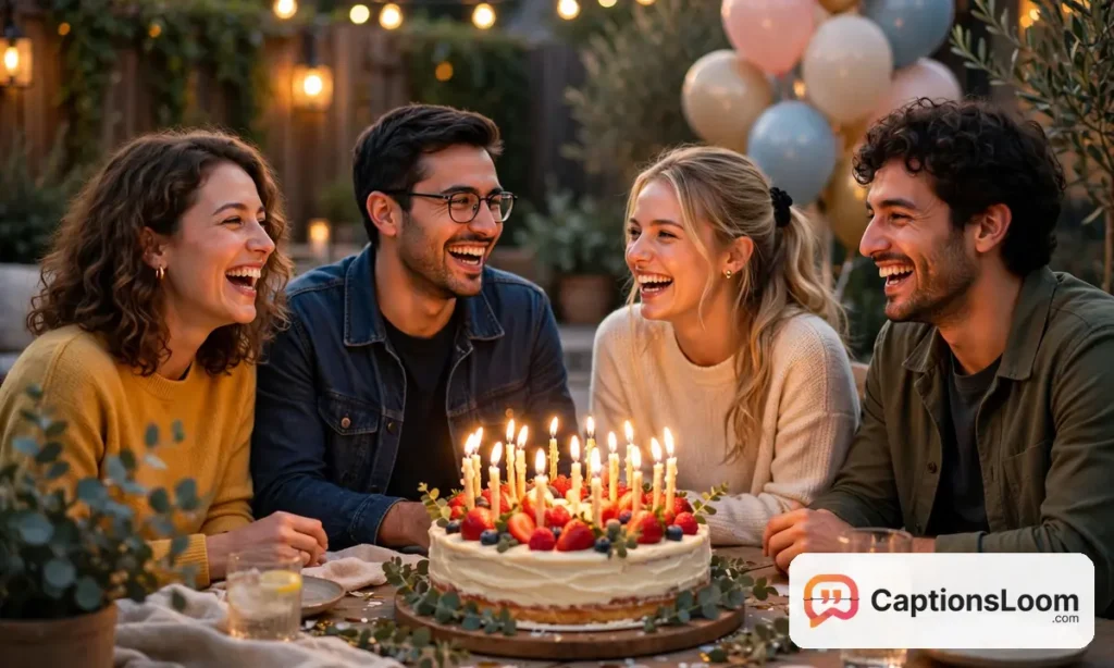 birthday captions for instagram cake, friends laughing around a birthday cake with lit candles and balloons