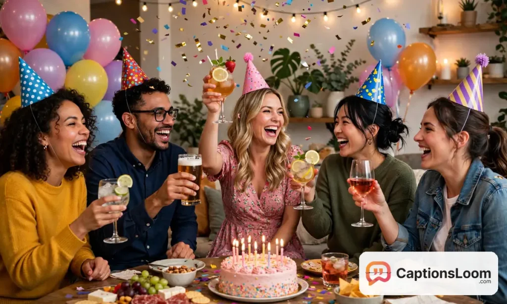 birthday captions for instagram party, group of friends celebrating with confetti balloons and party hats