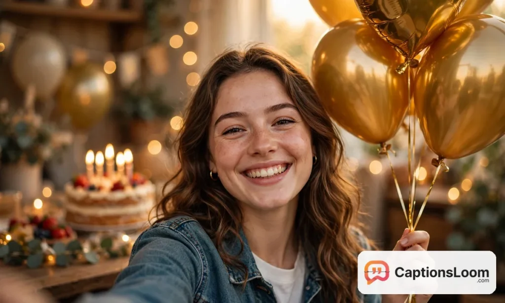birthday captions for instagram selfie, smiling woman holding balloons taking a birthday selfie with golden light