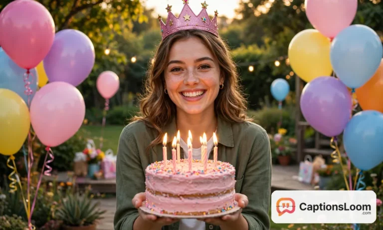 birthday captions for myself, smiling woman in a birthday crown holding a cake with lit candles and balloons