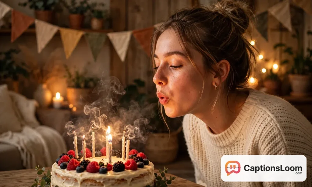 birthday captions for myself cake, woman blowing out candles on her own birthday cake at a cozy celebration