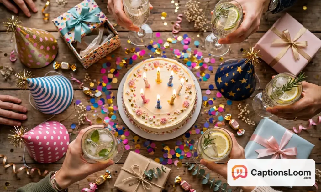 birthday captions for myself party, birthday photo dump of cake, confetti, friends and birthday decorations
