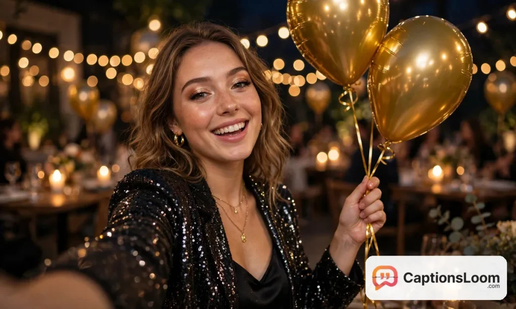 birthday captions for myself selfie, young woman taking a birthday selfie with gold balloons and soft party lights