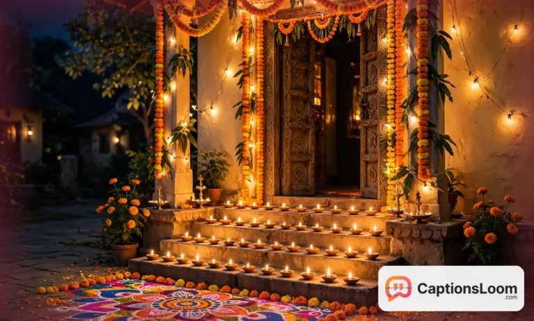 Decorated home entrance glowing with clay diyas and warm fairy lights on Diwali night, captions for diwali lights inspiration