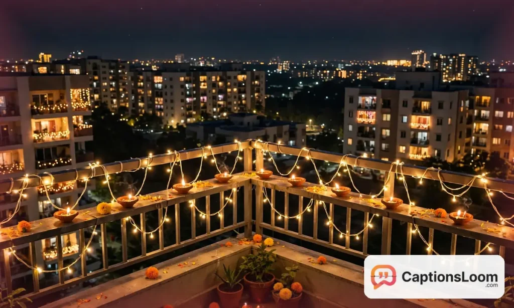 Balcony railing wrapped in golden string lights overlooking a glowing neighbourhood on Diwali night, captions for diwali lights balcony ideas