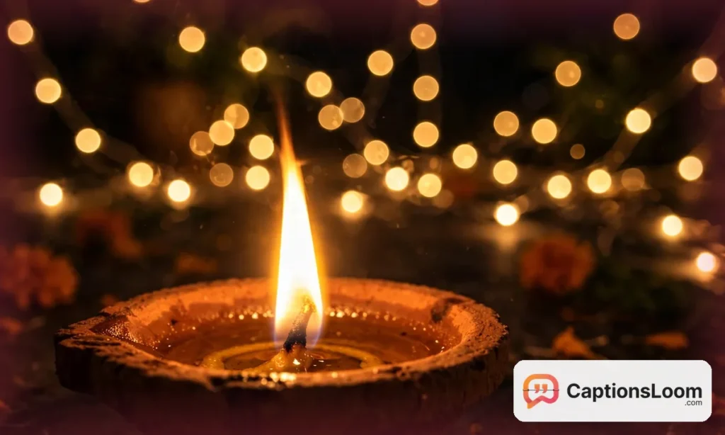 Close-up of a single clay diya flame glowing in the dark with blurred fairy lights behind, captions for diwali lights diya ideas