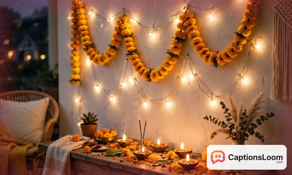 Warm fairy lights draped across a living room wall with marigold flowers and diyas below, captions for diwali lights fairy ideas