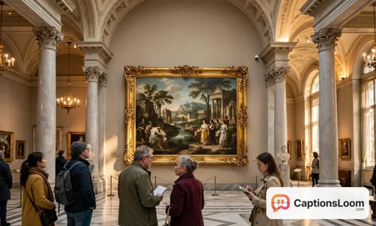 captions for museum, visitors admiring a large classical painting in a grand art museum gallery
