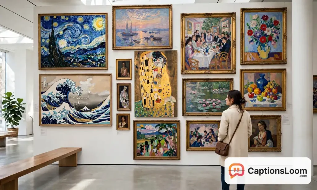 captions for museum art, woman standing in front of colorful famous paintings in an art gallery