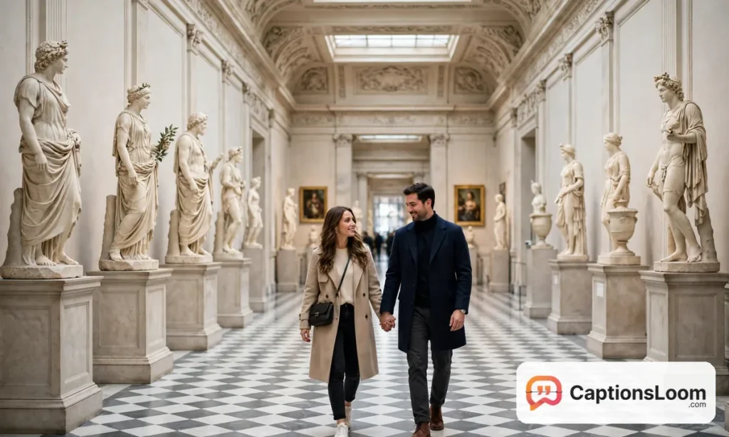 captions for museum date, couple walking through a museum hall holding hands between marble statues