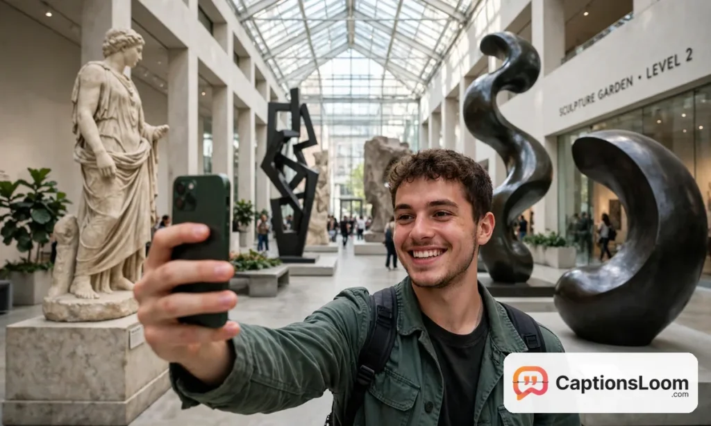 captions for museum selfie, young visitor taking a selfie in a bright museum atrium with sculptures