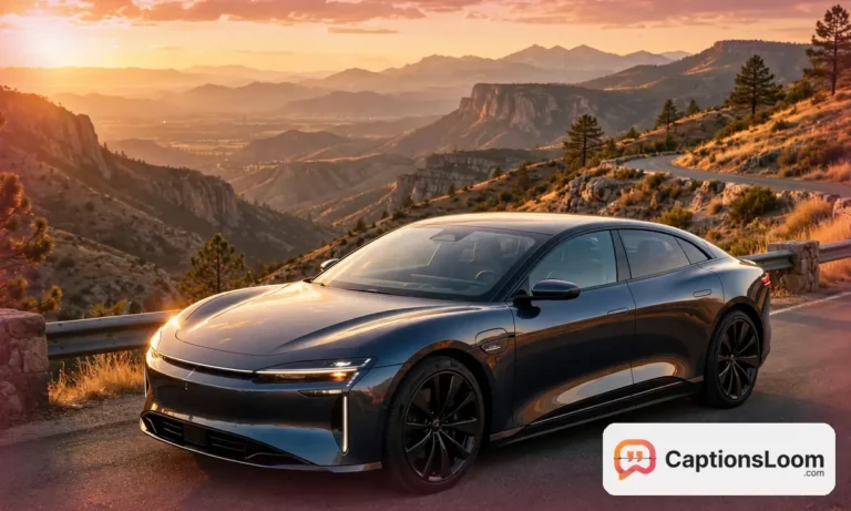 A shiny car parked on a scenic road at golden hour, car captions for Instagram inspiration