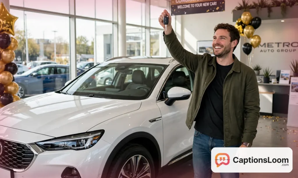 A proud owner holding the keys beside a brand new car at the dealership, new car captions for Instagram