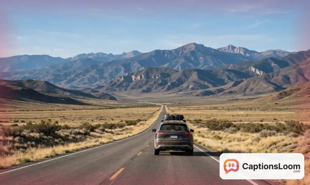 A car on an open highway with mountains ahead on a road trip, road trip car captions for Instagram