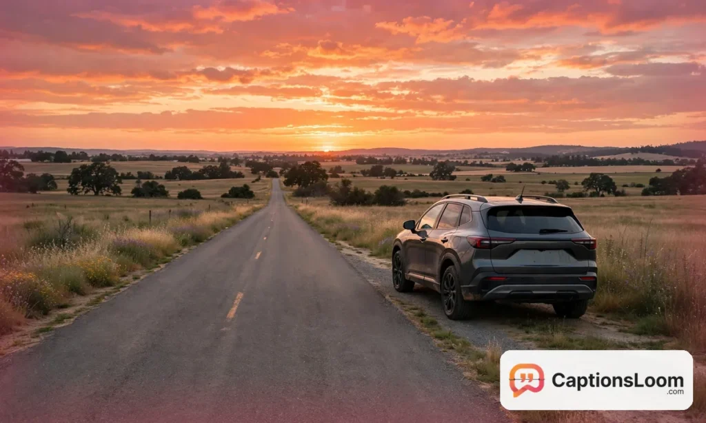 A car parked facing a colorful sunset on a quiet country road, sunset drive captions for Instagram